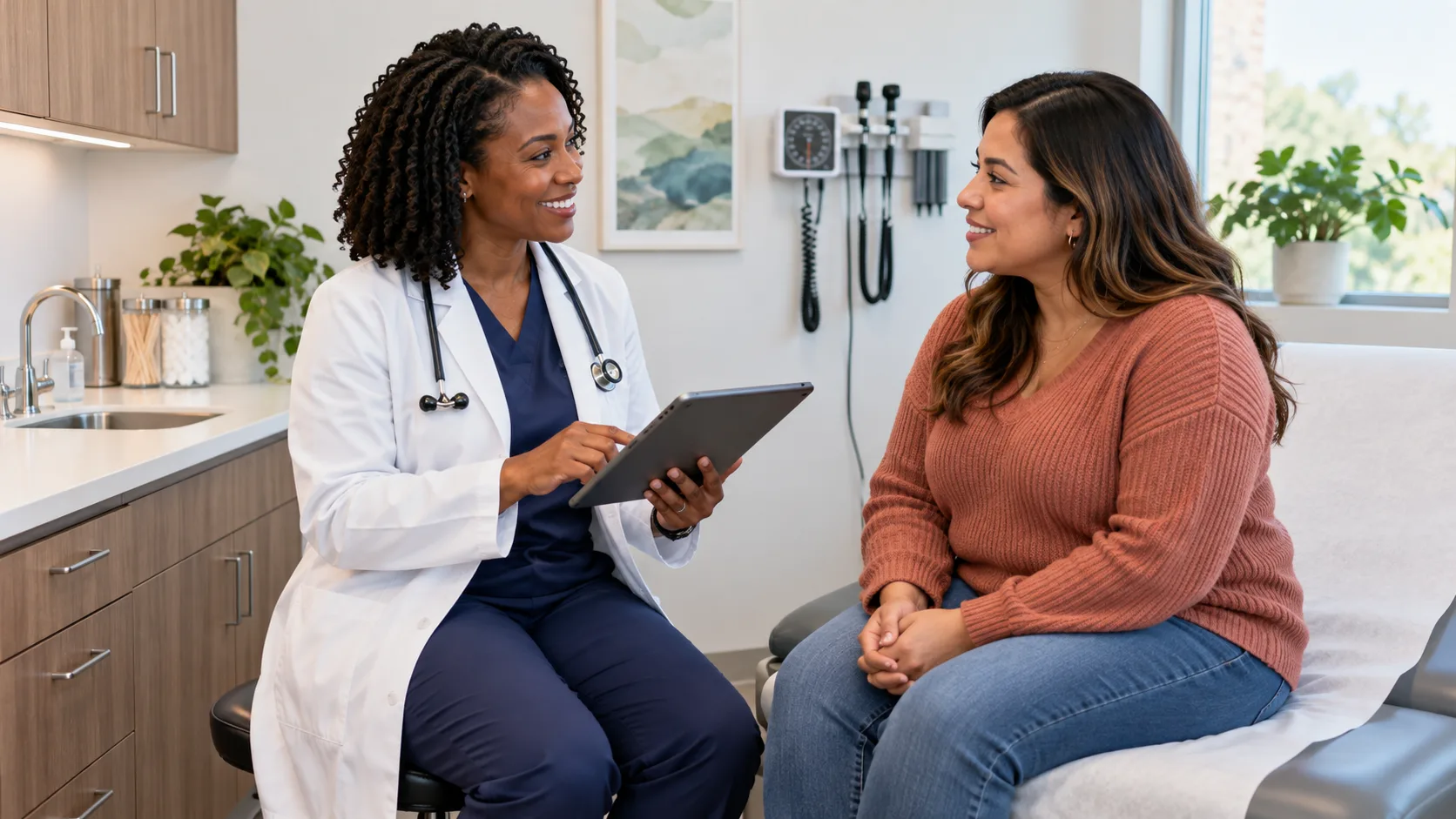 A physician seated at eye level with a patient, talking through her care.