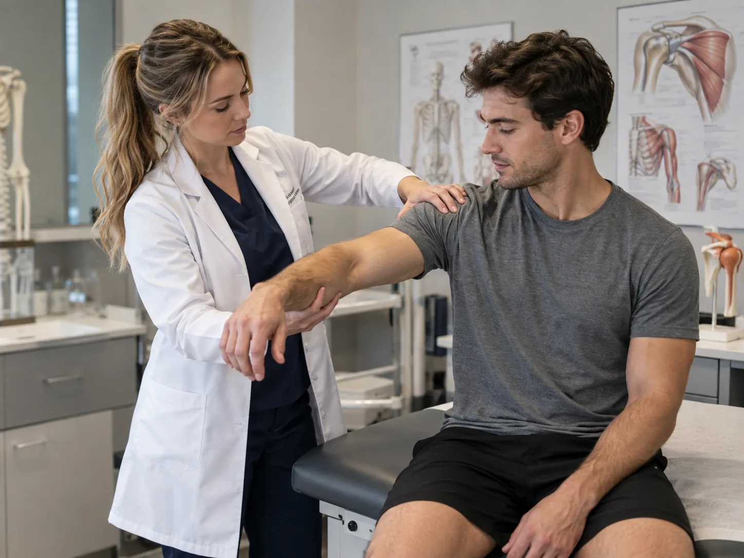 A physician examining a patient's shoulder during an unhurried appointment.
