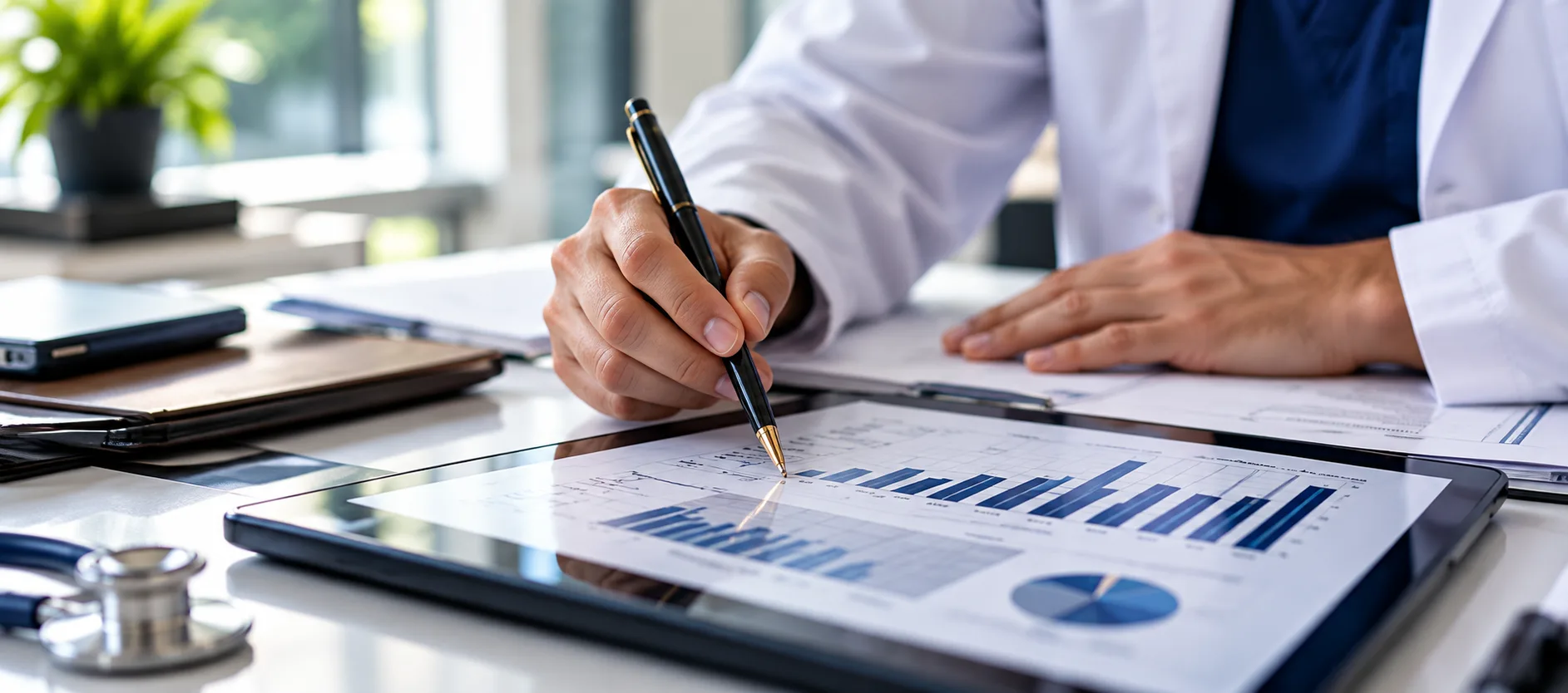 A physician reviewing practice financials and charts at a desk.